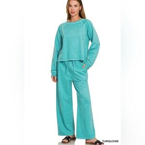 Zenana Turquoise Washed French Terry Round Neck Pullover & Pants Set